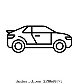 Icono del coche. Un simple icono de contorno negro de un coche moderno con un diseño elegante y compacto. Ideal para ilustraciones de automoción, transporte o movilidad urbana.