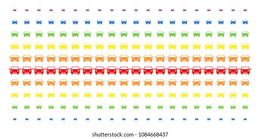 Car icon spectral halftone pattern. Vector objects organized into halftone grid with vertical spectrum gradient. Designed for backgrounds, covers, templates and abstract effects.