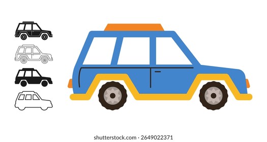 Conjunto de desenhos animados de símbolo de ícone de carro. Carro de automóvel bonito desenhado à mão em diferentes estilos coleção de contorno de silhueta. Simples crianças engraçado auto transporte ícone vetor ilustração