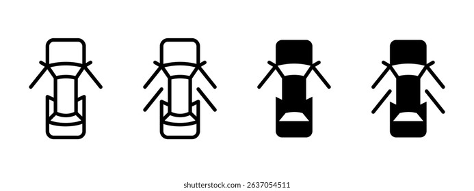 Car icon. Top view of car with open doors and warning indicator vector illustration. Auto door alert for vehicle dashboard. Entry or exit motion detection symbol. Vehicle alert sign.