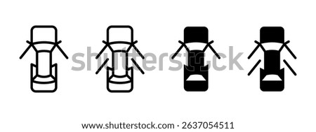 Car icon. Top view of car with open doors and warning indicator vector illustration. Auto door alert for vehicle dashboard. Entry or exit motion detection symbol. Vehicle alert sign.