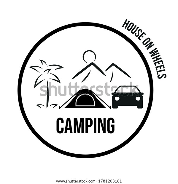 Car icon\
with tourist trailer. Mobile home,\
camping.