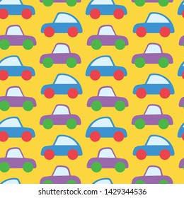 Car icon. Toy illustration. Vector seamless pattern. Wheel, window. Customized fun background. For cards, baby shower, paper, fabric, wallpaper. 