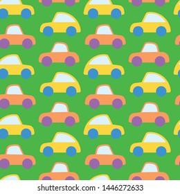 Car icon. Toy illustration. Vector seamless pattern. Wheel, window. Customized fun background. For cards, baby shower, paper, fabric, wallpaper.