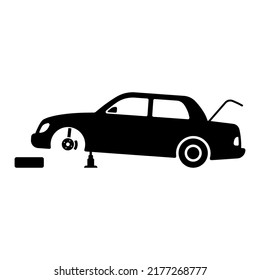 Car Icon. Transport Repair. Wheel Replacement. Jack, Spare Wheel. Black Silhouette. Side View. Vector Simple Flat Graphic Illustration. Isolated Object On A White Background. Isolate.