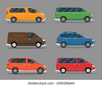 Car Icon Vector Logo Template. Cars set. Flat style. Side view, profile. Van delivery auto