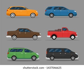 Car Icon Vector Logo Template. Cars set. Flat style. Side view, profile.