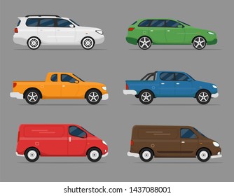 Car Icon Vector Logo Template. Cars set. Flat style. Side view, profile.