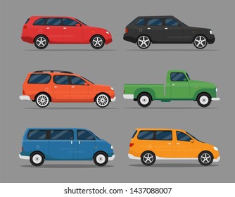 Car Icon Vector Logo Template. Cars set. Flat style. Side view, profile.