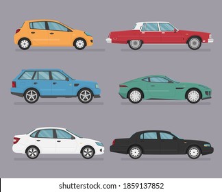 Car Icon Vector Logo Template. Cars set. Flat style. Side view, profile.