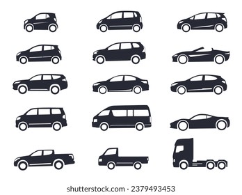 Juego de vectores de icono de auto. Colección de iconos del coche. Categoría de coche. Conjunto de siluetas de vehículos