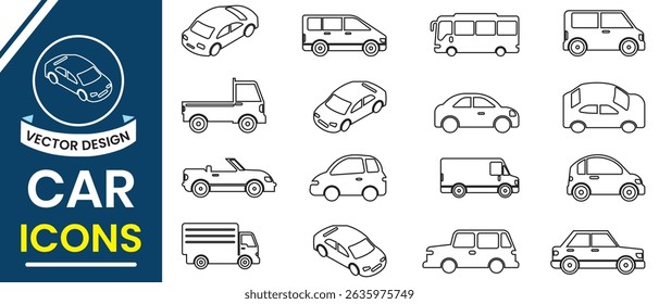 Car icon vector set. Car line icons symbol set. Various vehicle icon set. Sets of car silhouette, logo. Different Transport outline stroke on white background. Vector Illustration