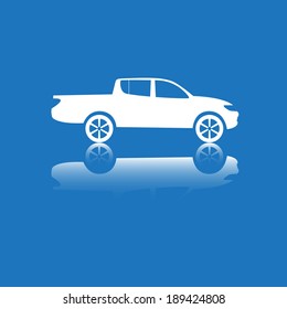 Car Icon. Vector silhouette. White on blue.