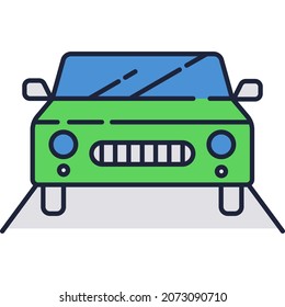 Símbolo vectorial de icono de coche. Auto-conducción plano en carretera aislado en fondo blanco. Recorrido automovilístico, alquiler de coches, concepto de servicio de taxi. Logo de la vista frontal del automóvil