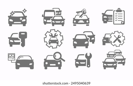 Vector del icono del coche para el Web y el sedán Pequeño móvil, silueta minimalista del vehículo de transporte. Señal de coche y conjunto de símbolos Ilustración.