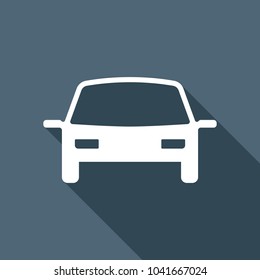 car icon. White flat icon with long shadow on background