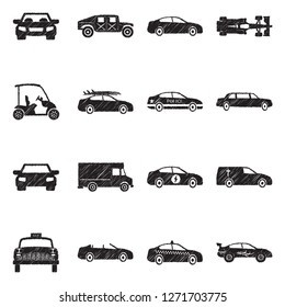 Car Icons. Black Scribble Design. Vector Illustration.