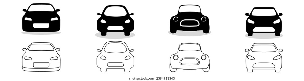 Car icons black vector set. Outline car vector icons. Vehicle on a white background flat icon. Car shape vector. A set of two cars for travel and pleasure.