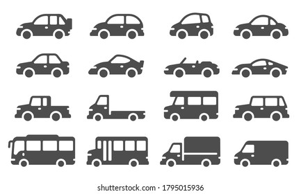 Car icons. Black vehicle silhouettes, automobiles for travel, auto models. Sedan, truck and suv, bus and other transport vector signs. Automobile vehicle, sedan and van, pickup automotive illustration
