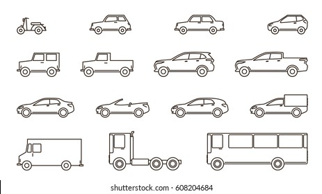 car icons, cars of lines, flat design of lines, automobile icons set, scooter, cars and bus