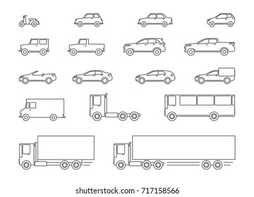 car icons, cars of lines, flat design of lines, automobile icons set, outline cars
