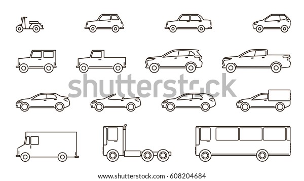 car icons, cars of lines, flat\
design of lines, automobile icons set, scooter, cars and\
bus