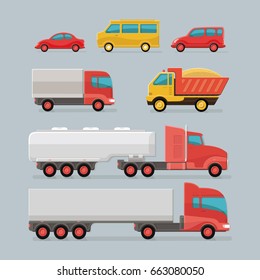 Car Icons. City Transport. Sedan, Van, Cargo Truck, Off-road, Bus, Tipper, Fuel Carrier. Set Of Urban Public And Freight Transport. Flat Style Icon Illustration Design