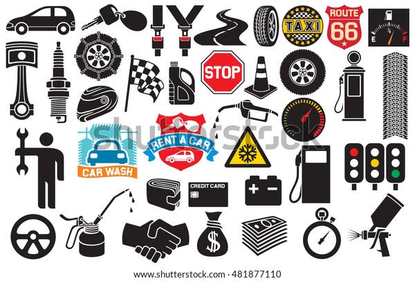car icons collection (auto and\
transport elements, tire track, seat belt, mechanic worker, spark\
plug, engine piston, taxi label, checkered flag,\
key)