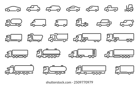 Colección de iconos de coche. Iconos grandes del coche del esquema del sistema, diversos tipos de transporte. Esquema de iconos de coches. Tipos de transporte