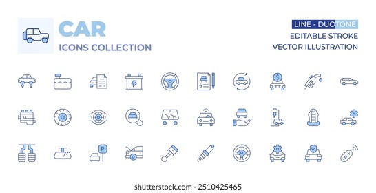 Coleção de ícones de carro. Linha Duotone estilo, curso editável. tronco, motor de carro, volante, espelho retrovisor, limpador, estacionamento, roda, conectado, pedais, pistão, vela de ignição.