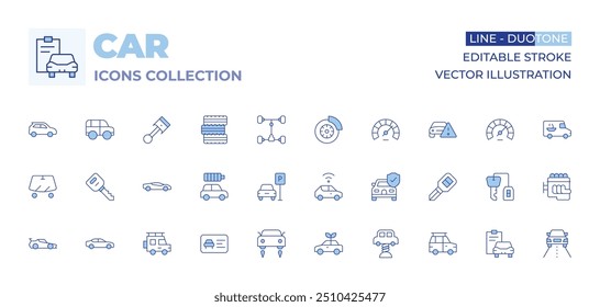 Car icons collection. Line Duotone style, editable stroke. key, smart car, eco car, driving license, parking, sport, sedan, windshield, electric car, flying.