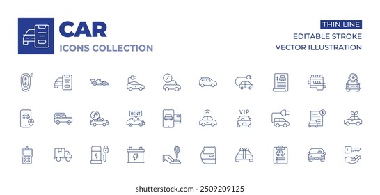 Coleção de ícones de carro. Linha fina ícones, curso editável. reparação, aluguel, pagamento, carro inteligente, carga elétrica, bateria, mão, porta do carro, táxi, carro, telefone, suv, ferramenta de diagnóstico, caminhão de entrega.