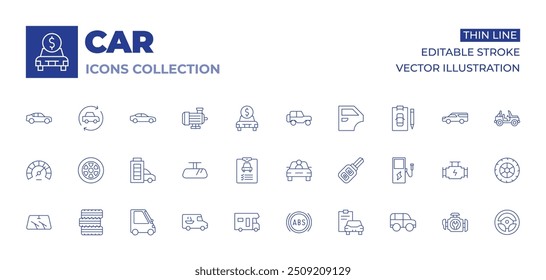 Coleção de ícones de carro. Linha fina ícones, curso editável. carro, caravana, chave do carro, abs, diagnóstico, velocímetro, motor, bateria completa, retrovisor, limpador, pneus, carro de entrega.