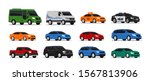 Car icons collection. Vector illustration in flat style. Urban, city cars and vehicles transport concept. Isolated on white background. Set of of different models of cars;taxi, sedan, van, pickup,..