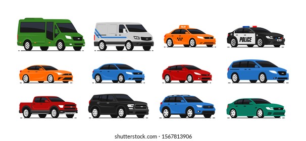 Car icons collection. Vector illustration in flat style. Urban, city cars and vehicles transport concept. Isolated on white background. Set of of different models of cars;taxi, sedan, van, pickup,..