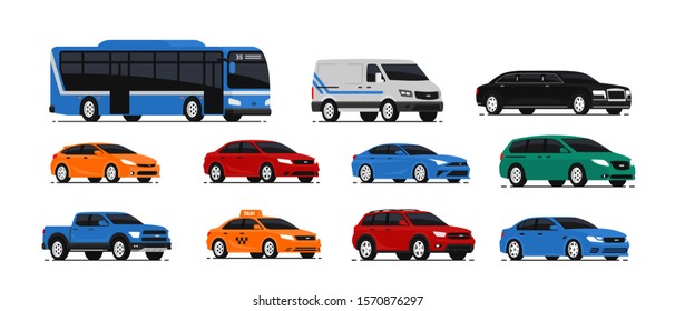 Car icons collection. Vector illustration in flat style. Urban, city cars and vehicles transport concept. Isolated on white background. Set of of different models of cars