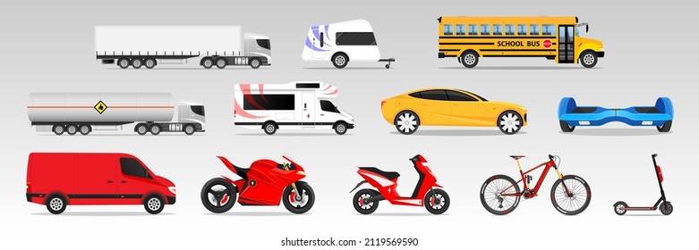 Car icons collection. Vector illustration in flat style. Urban, city cars and vehicles transport Bike Hoverboard
