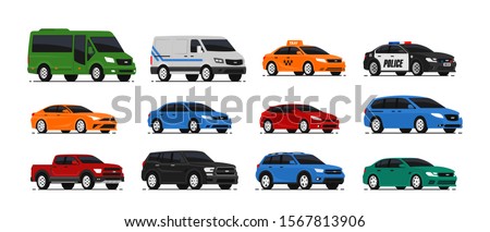 Car icons collection. Vector illustration in flat style. Urban, city cars and vehicles transport concept. Isolated on white background. Set of of different models of cars;taxi, sedan, van, pickup,..