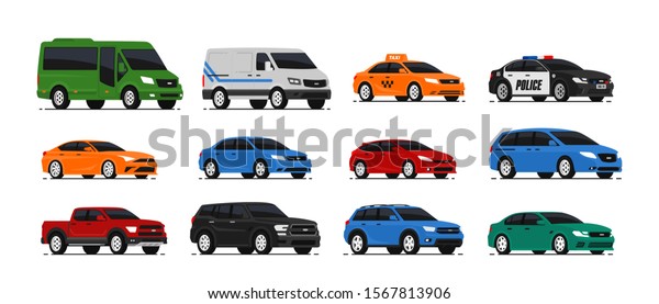 Car icons collection. Vector illustration in\
flat style. Urban, city cars and vehicles transport concept.\
Isolated on white background. Set of of different models of\
cars;taxi, sedan, van,\
pickup,..