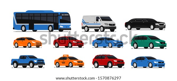 Car icons collection.\
Vector illustration in flat style. Urban, city cars and vehicles\
transport concept. Isolated on white background. Set of of\
different models of cars