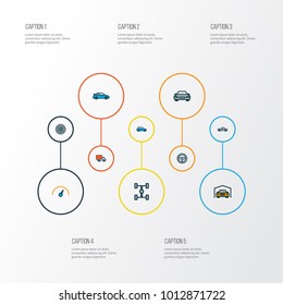 Car icons colored line set with speed, automobile, sedan and other sedan  elements. Isolated vector illustration car icons.