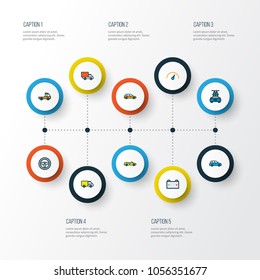 Car icons colored line set with steering wheel, van, carwash and other pickup  elements. Isolated vector illustration car icons.