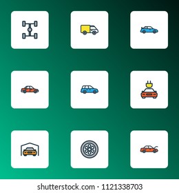 Car icons colored line set with sport, wheel, wheelbase and other cabriolet  elements. Isolated vector illustration car icons.