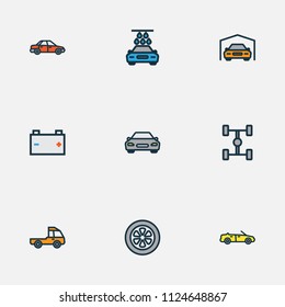 Car icons colored line set with sedan, prime-mover, wheelbase and other sport  elements. Isolated vector illustration car icons.