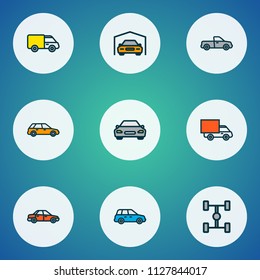 Car icons colored line set with sedan, car, wheelbase and other sedan  elements. Isolated vector illustration car icons.