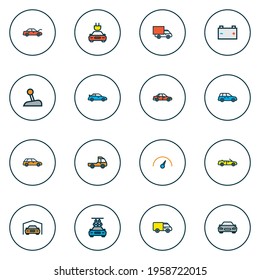 Car icons colored line set with speedometer, carwash, hood and other cabriolet elements. Isolated vector illustration car icons.