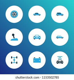 Car icons colored set with transport cleaning, wheelbase, stick and other chassis elements. Isolated vector illustration car icons.