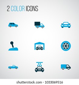 Car icons colored set with truck, transport cleaning, stick and other vehicle wash elements. Isolated vector illustration car icons.