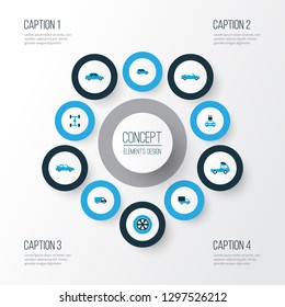 Car icons colored set with wheel, truck, automobile and other sedan elements. Isolated vector illustration car icons.