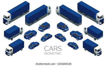 Car icons. Flat 3d isometric high quality city transport. Sedan, van, cargo truck, off-road. Set of urban public and freight transport. Delivery and transportation